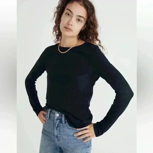 Madewell Whisper Cotton Rib-Crewneck Long-Sleeve Tee in True Black Size XS - Picture 1 of 8